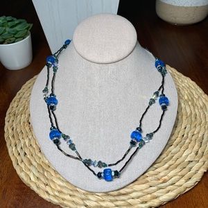 Blue, Black, crystal, and Aurora Borealis Beaded Necklace. 46”